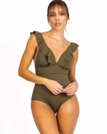 Vestido de baño tipo trikini color verde con boleros ajustable en la espalda con copas en espuma
