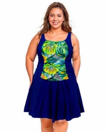Vestido de Baño Entero con Falda y Panty Interno – Plus Size Azul Oscuro