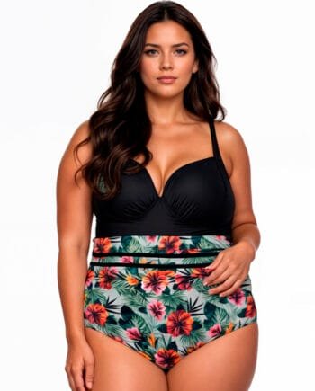 Vestido de baño control abdomen enterizo estampado tallas plus negro con cachetero