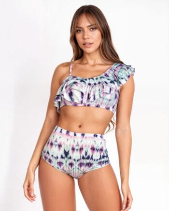 Bikini con boleros en con estampado tie-dye a un solo hombro y panty alto