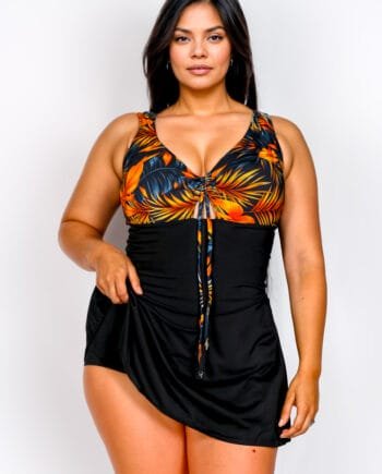 Vestido de Baño Enterizo Mujer Negro Con Falda y Short Integrados