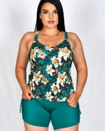 Set de Baño Tankini 3 Piezas Mujer Estampado Floral Verde