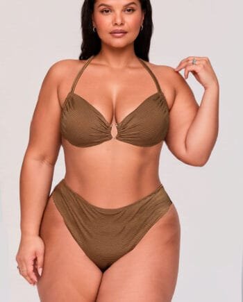 Bikini Strapless Acanalado Ocre Metalizado Mujer | Top con Herraje + Falda Ajustable | Sexy y Glamuroso